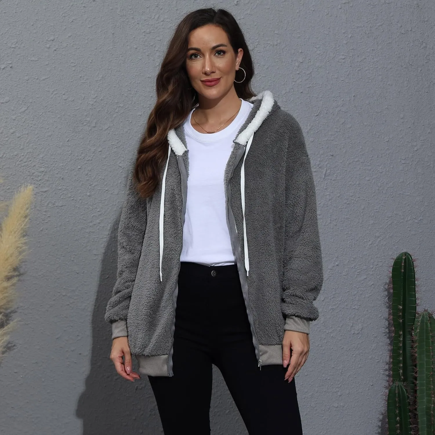 Women's Coats Trendy Casual Solid Color Loose Plush Zippered Hooded Jacket With Pockets Winter Coats, S-5XL