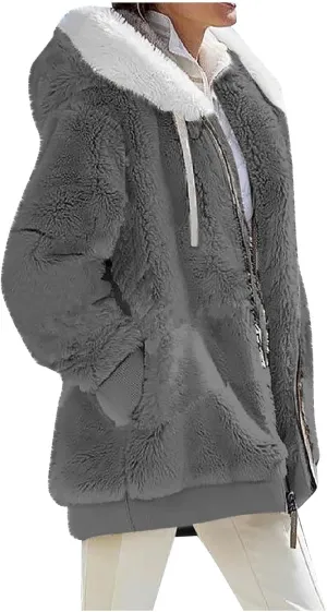 Women's Coats Trendy Casual Solid Color Loose Plush Zippered Hooded Jacket With Pockets Winter Coats, S-5XL