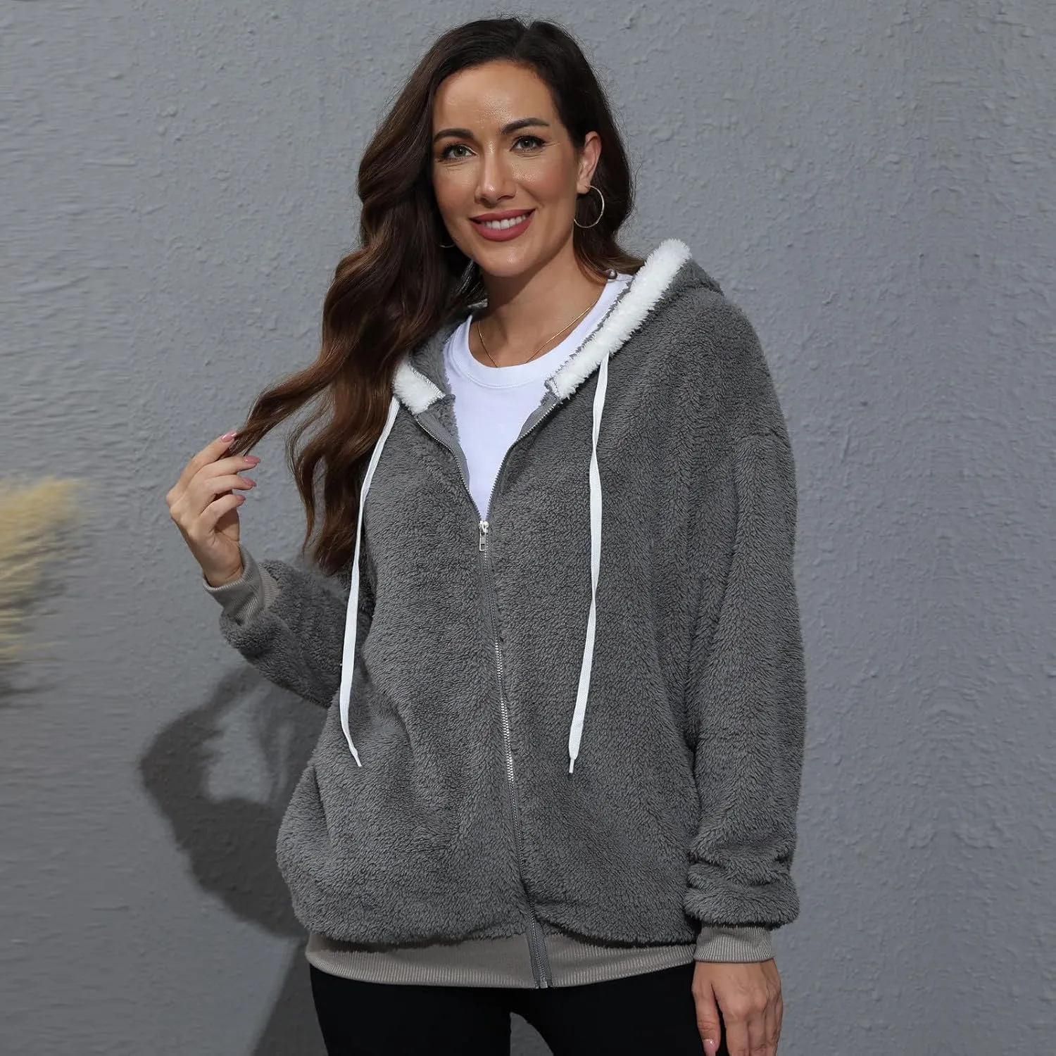 Women's Coats Trendy Casual Solid Color Loose Plush Zippered Hooded Jacket With Pockets Winter Coats, S-5XL