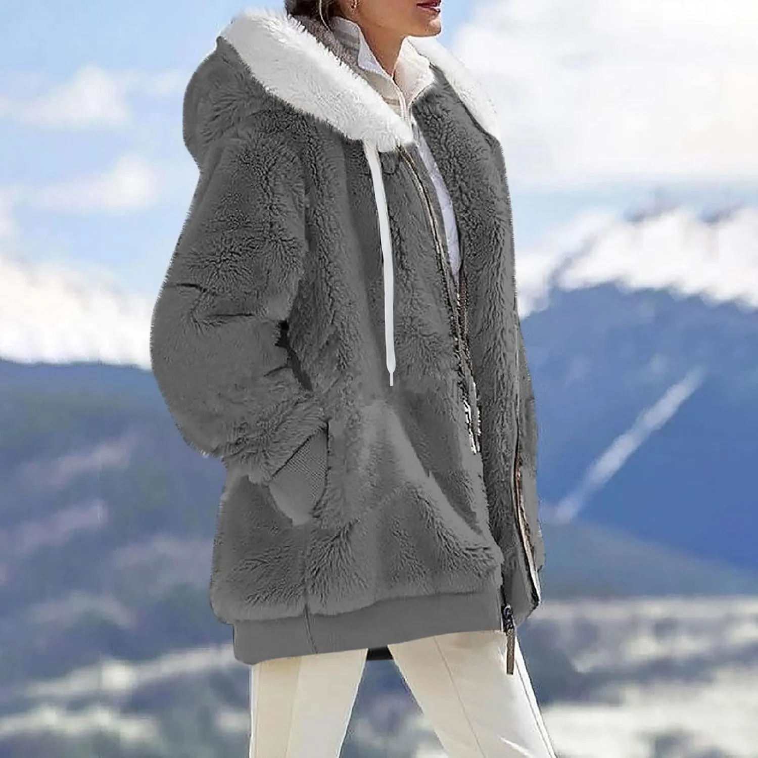 Women's Coats Trendy Casual Solid Color Loose Plush Zippered Hooded Jacket With Pockets Winter Coats, S-5XL