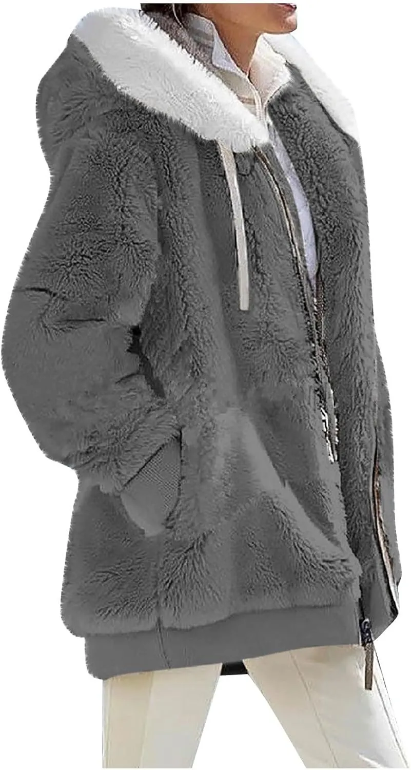 Women's Coats Trendy Casual Solid Color Loose Plush Zippered Hooded Jacket With Pockets Winter Coats, S-5XL