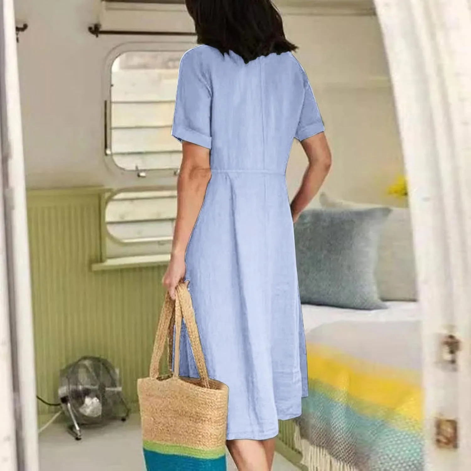 Women's Cotton Linen Button Down Dress Casual V Neck Short Sleeve Maxi Dresses Solid Color Lightweight Loose Outfits