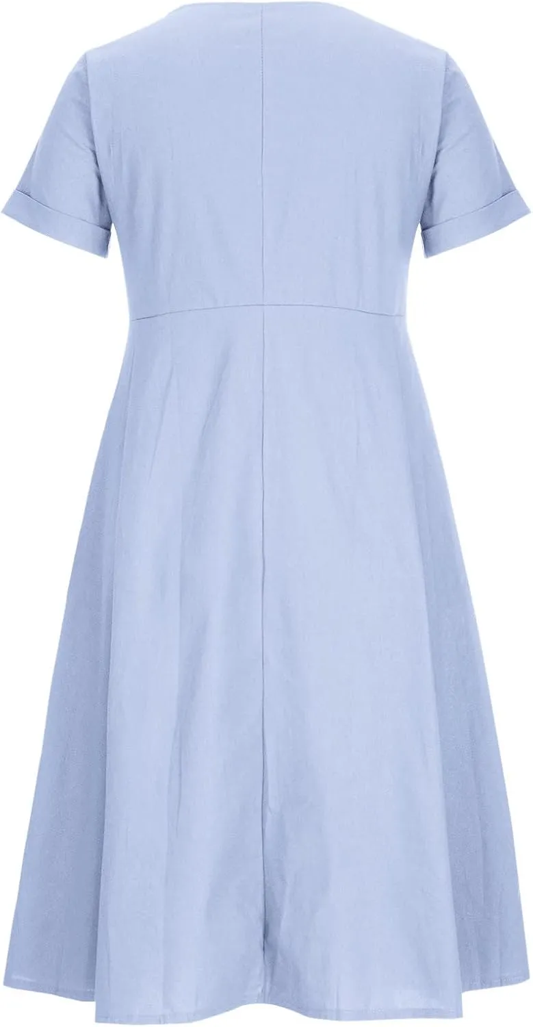 Women's Cotton Linen Button Down Dress Casual V Neck Short Sleeve Maxi Dresses Solid Color Lightweight Loose Outfits