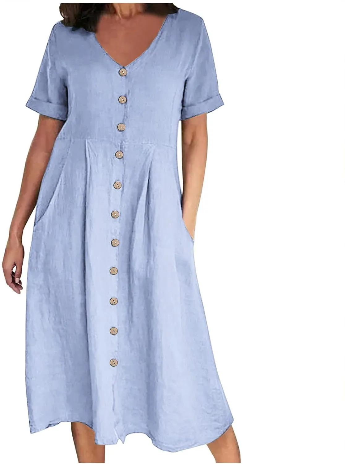 Women's Cotton Linen Button Down Dress Casual V Neck Short Sleeve Maxi Dresses Solid Color Lightweight Loose Outfits