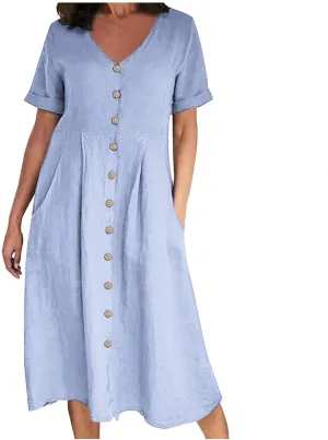 Women's Cotton Linen Button Down Dress Casual V Neck Short Sleeve Maxi Dresses Solid Color Lightweight Loose Outfits