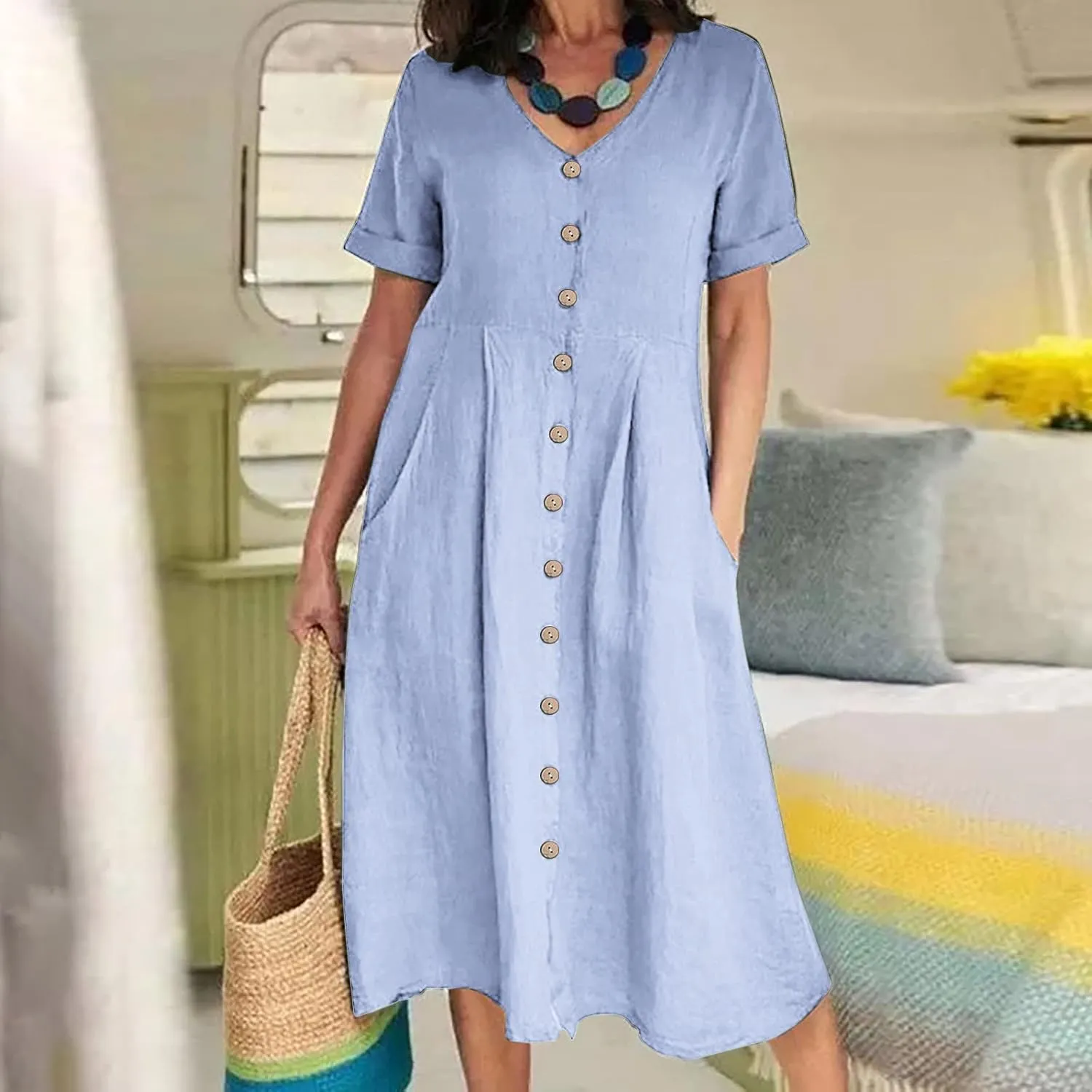 Women's Cotton Linen Button Down Dress Casual V Neck Short Sleeve Maxi Dresses Solid Color Lightweight Loose Outfits