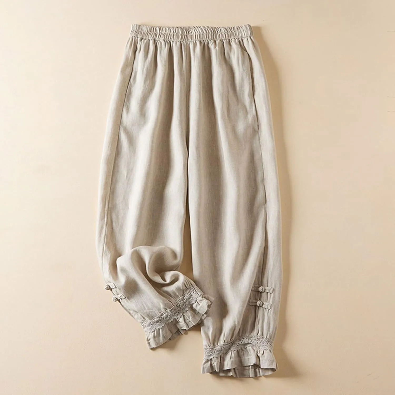 Womens Cotton Linen Pants Vintage Embroidery Elastic Waist Loose Casual Pants Ruffle Cropped Trousers with Pockets