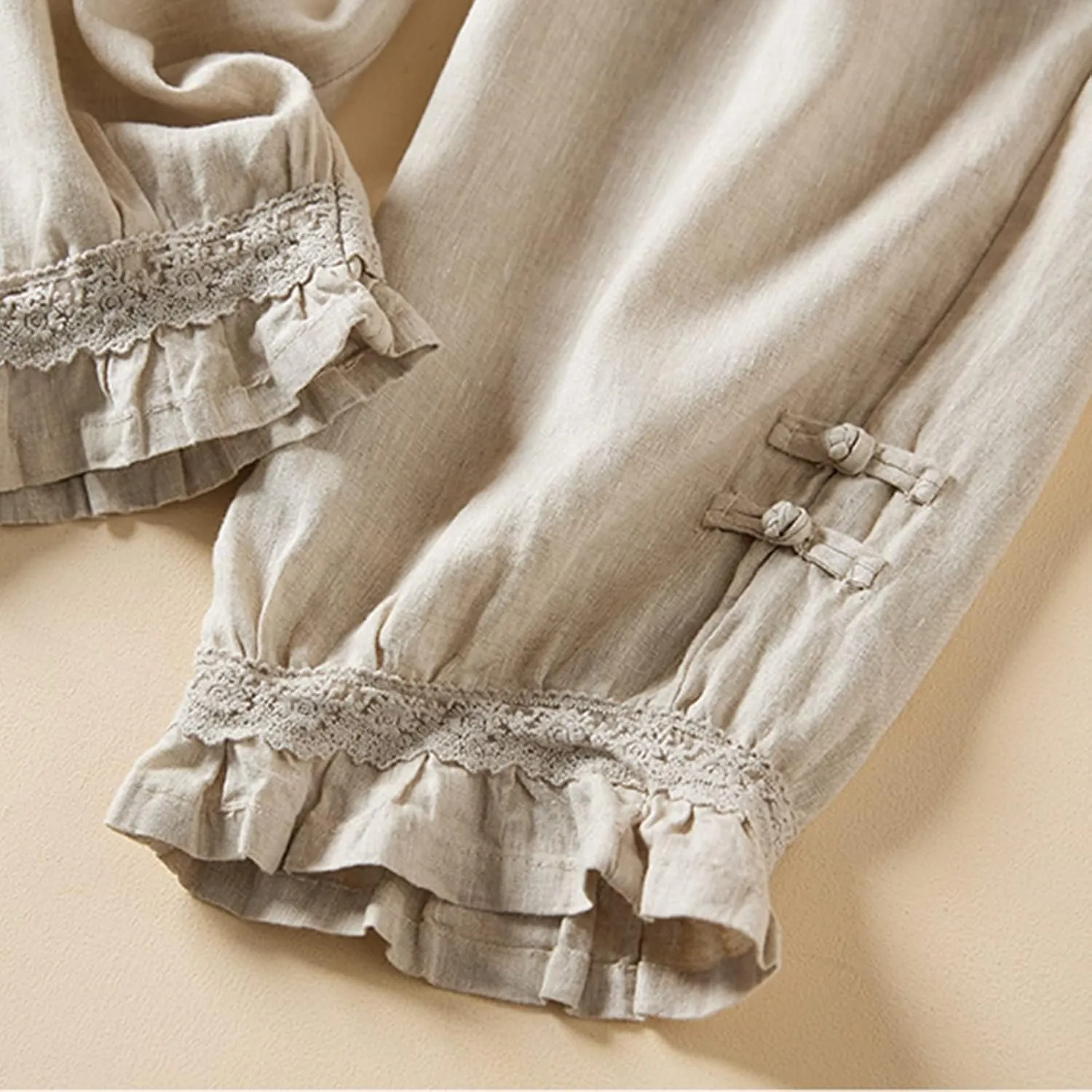Womens Cotton Linen Pants Vintage Embroidery Elastic Waist Loose Casual Pants Ruffle Cropped Trousers with Pockets
