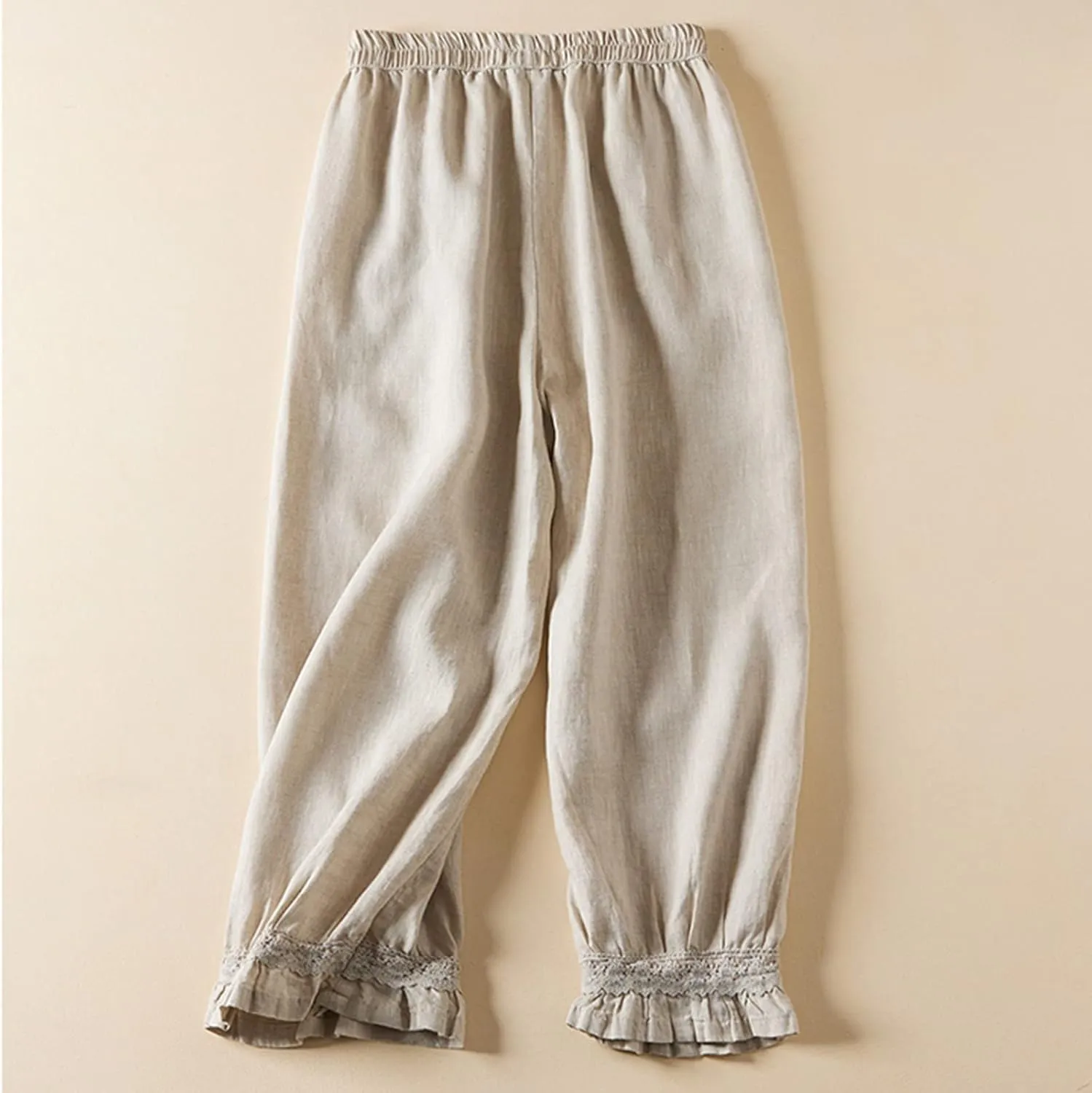 Womens Cotton Linen Pants Vintage Embroidery Elastic Waist Loose Casual Pants Ruffle Cropped Trousers with Pockets