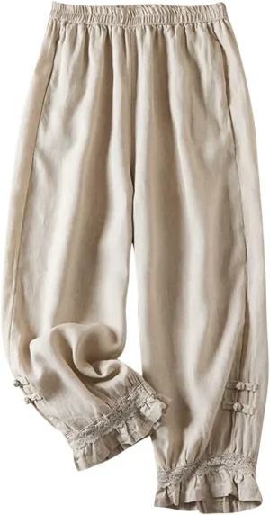 Womens Cotton Linen Pants Vintage Embroidery Elastic Waist Loose Casual Pants Ruffle Cropped Trousers with Pockets