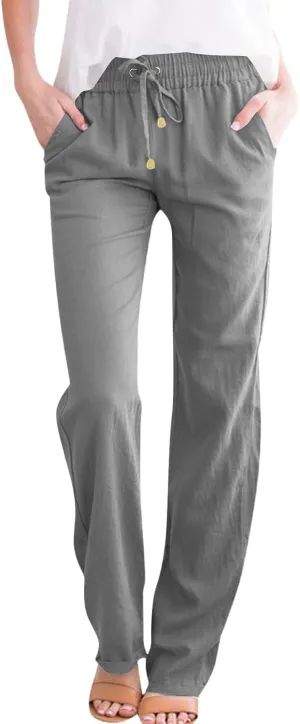 Women's Cotton Linen Pants,Spring Summer Casual Loose Lightweight Flowy Beach Pants with Pockets
