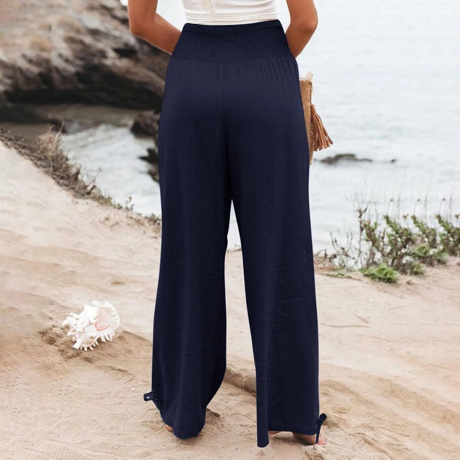 Women's Cotton Linen Pants,Spring Summer Wide Leg Casual Loose Smocked High Waist Palazzo Pants with Pockets