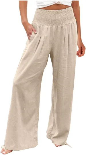 Women's Cotton Linen Pants,Spring Summer Wide Leg Casual Loose Smocked High Waist Palazzo Pants with Pockets