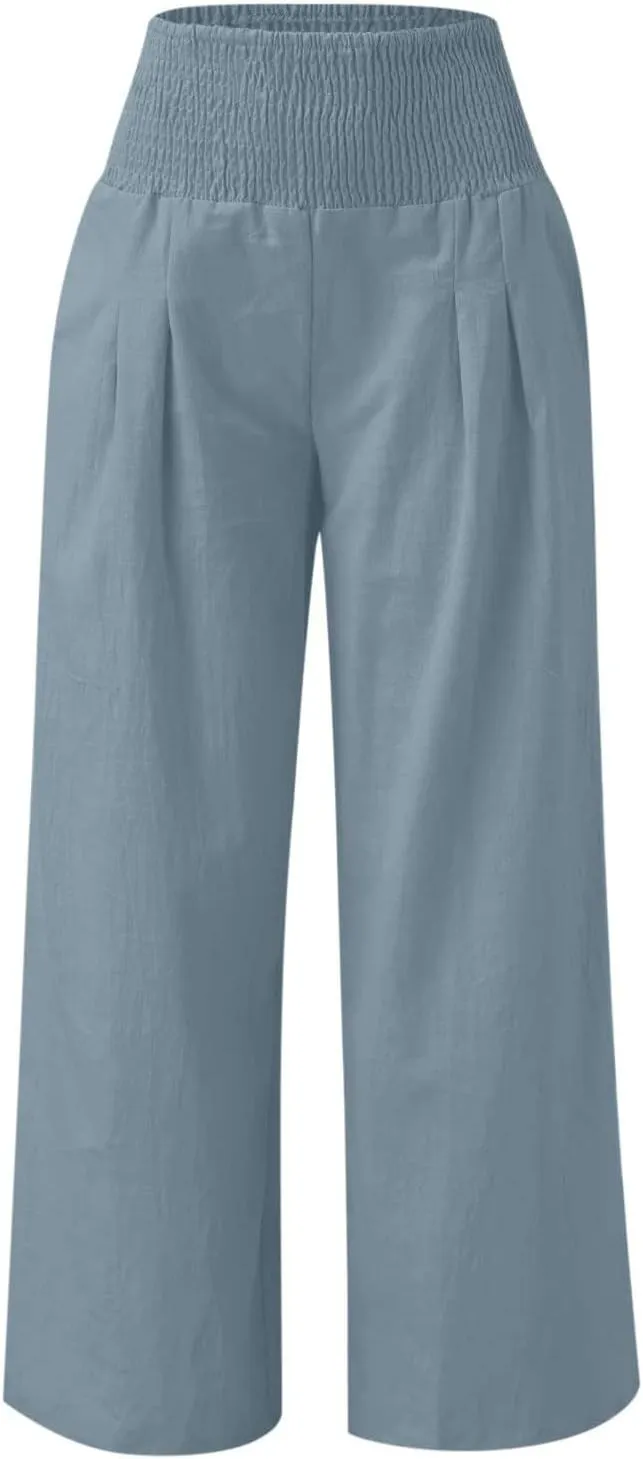 Women's Cotton Linen Pants,Spring Summer Wide Leg Casual Loose Smocked High Waist Palazzo Pants with Pockets