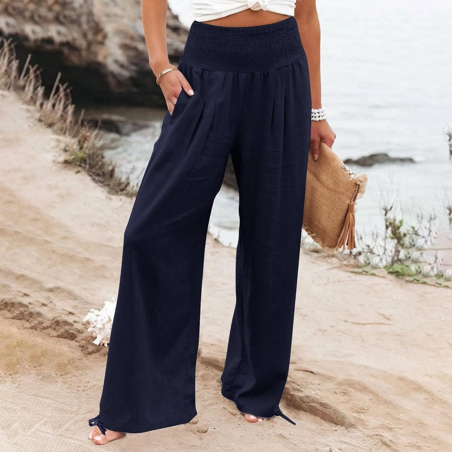 Women's Cotton Linen Pants,Spring Summer Wide Leg Casual Loose Smocked High Waist Palazzo Pants with Pockets