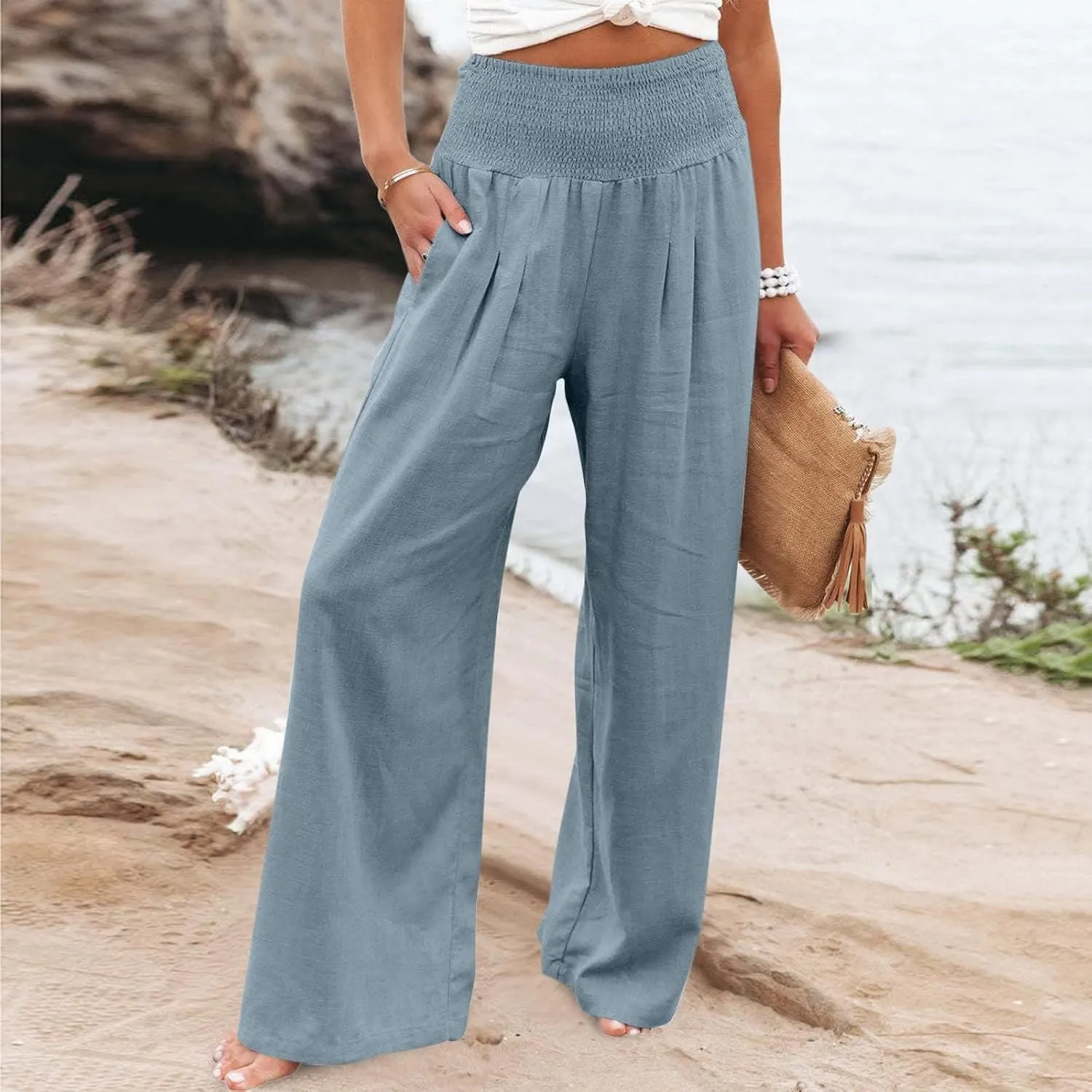 Women's Cotton Linen Pants,Spring Summer Wide Leg Casual Loose Smocked High Waist Palazzo Pants with Pockets