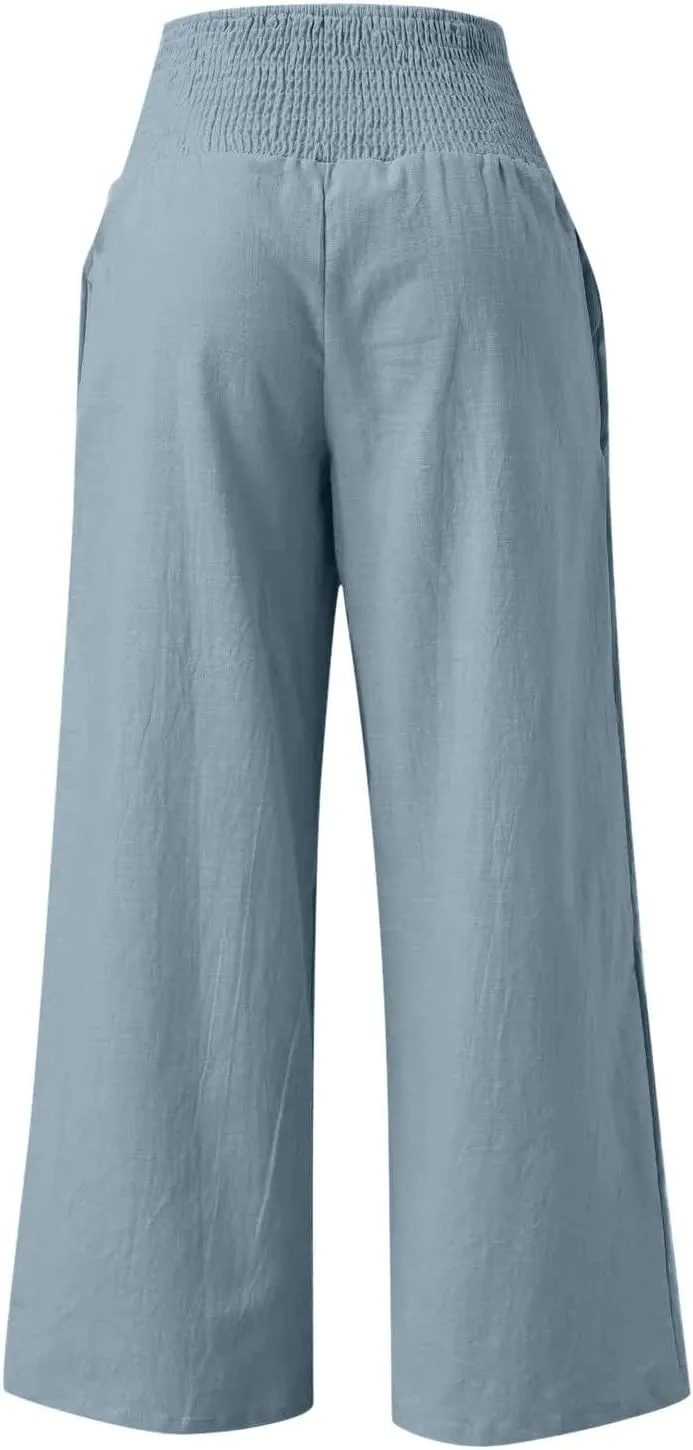 Women's Cotton Linen Pants,Spring Summer Wide Leg Casual Loose Smocked High Waist Palazzo Pants with Pockets