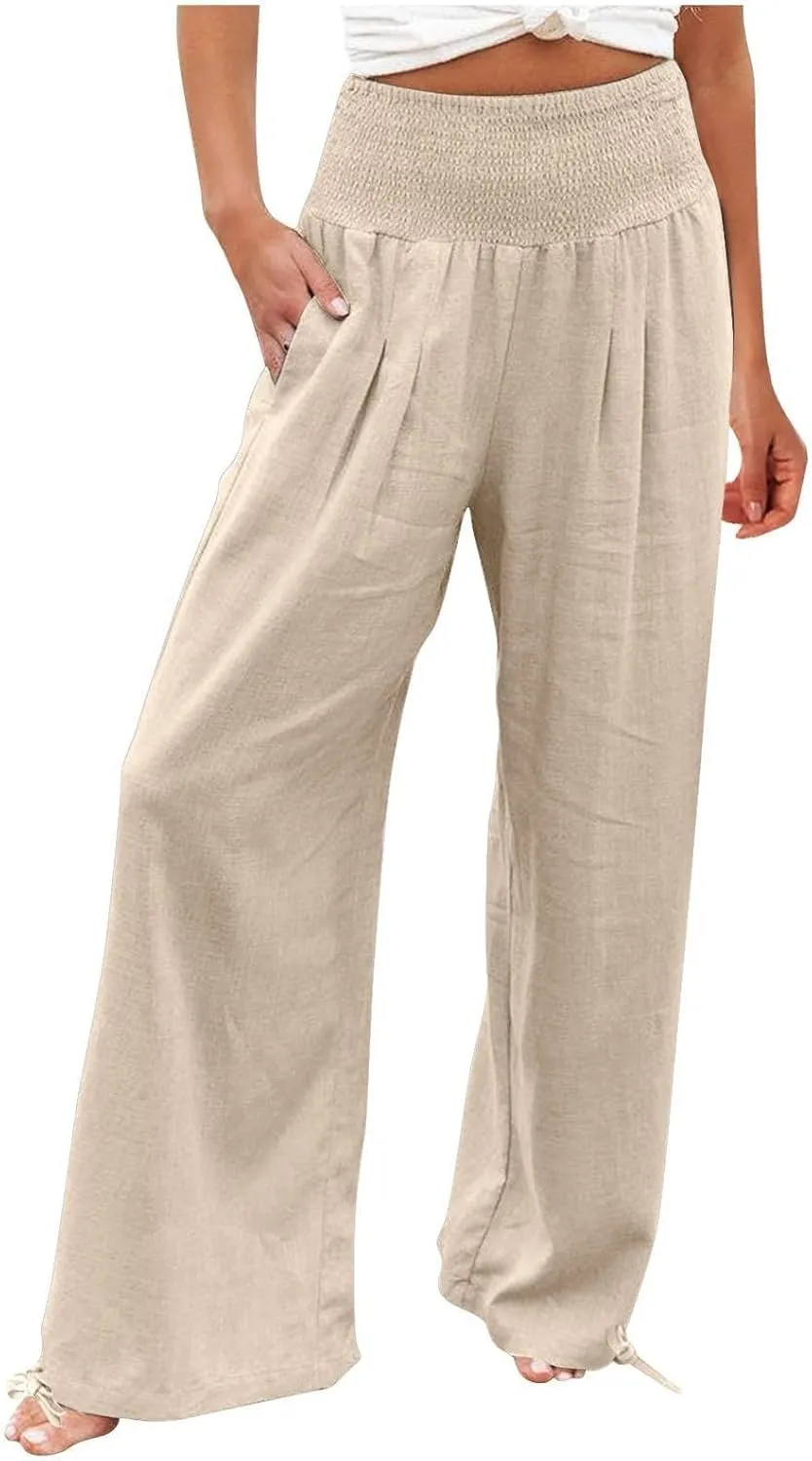 Women's Cotton Linen Pants,Spring Summer Wide Leg Casual Loose Smocked High Waist Palazzo Pants with Pockets