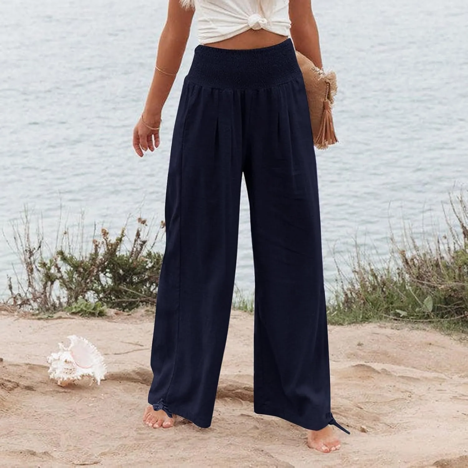 Women's Cotton Linen Pants,Spring Summer Wide Leg Casual Loose Smocked High Waist Palazzo Pants with Pockets