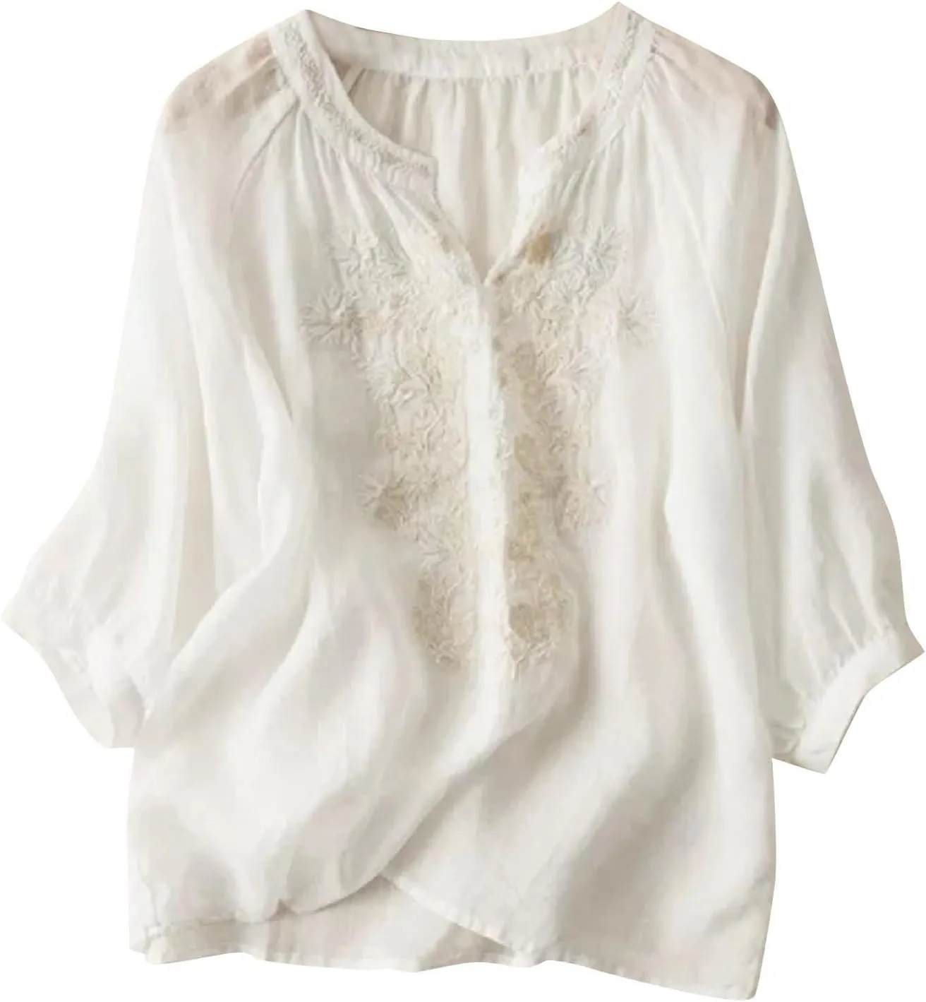 Women's Cotton Linen Summer Button 3/4 Sleeve Shirts Summer Crew Neck Casual Boho Top Vintage Embroidery Blouse Tops