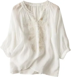 Women's Cotton Linen Summer Button 3/4 Sleeve Shirts Summer Crew Neck Casual Boho Top Vintage Embroidery Blouse Tops