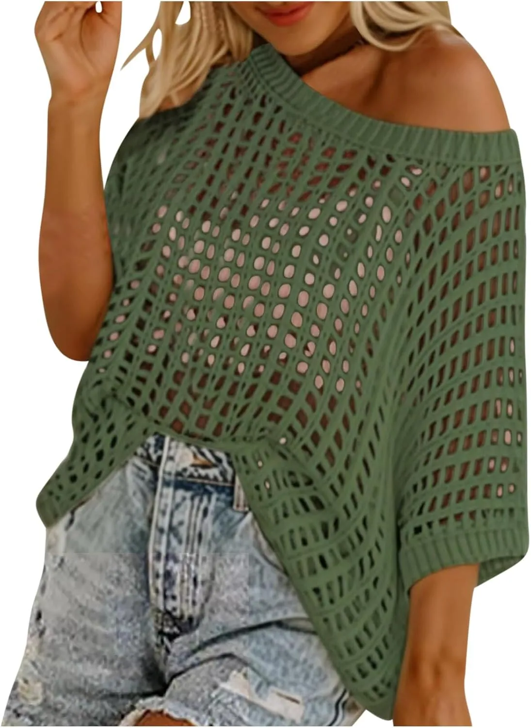 Womens Crochet Tops Scoop Neck Short Sleeve Sweater Fashion Casual Hollow Out Knit Tops Pullover Shirts Beach Coverup