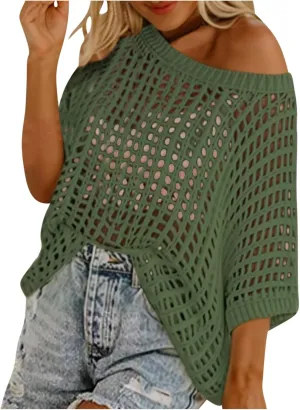 Womens Crochet Tops Scoop Neck Short Sleeve Sweater Fashion Casual Hollow Out Knit Tops Pullover Shirts Beach Coverup