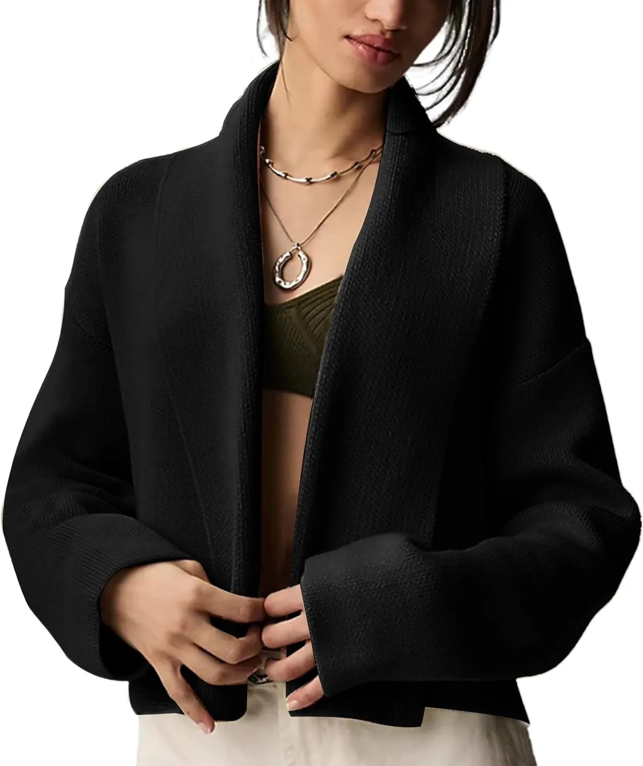 Women's Cropped Cardigan Sweater Lapel Chunky Knit Coats Open Front Casual Oversized Outerwear