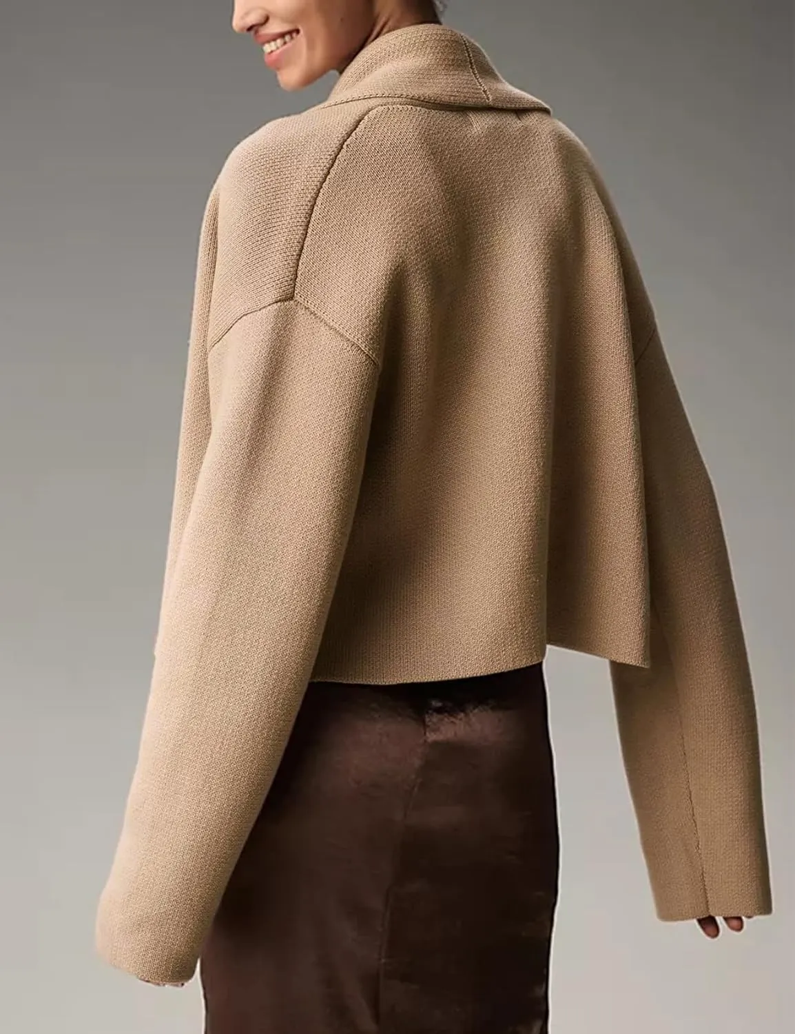 Women's Cropped Cardigan Sweater Lapel Chunky Knit Coats Open Front Casual Oversized Outerwear