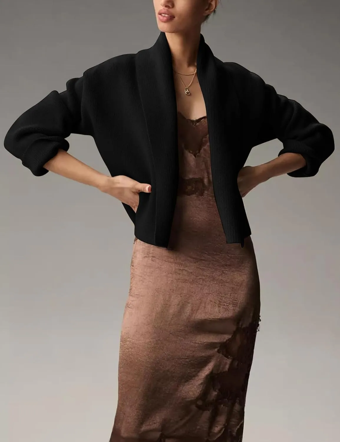 Women's Cropped Cardigan Sweater Lapel Chunky Knit Coats Open Front Casual Oversized Outerwear