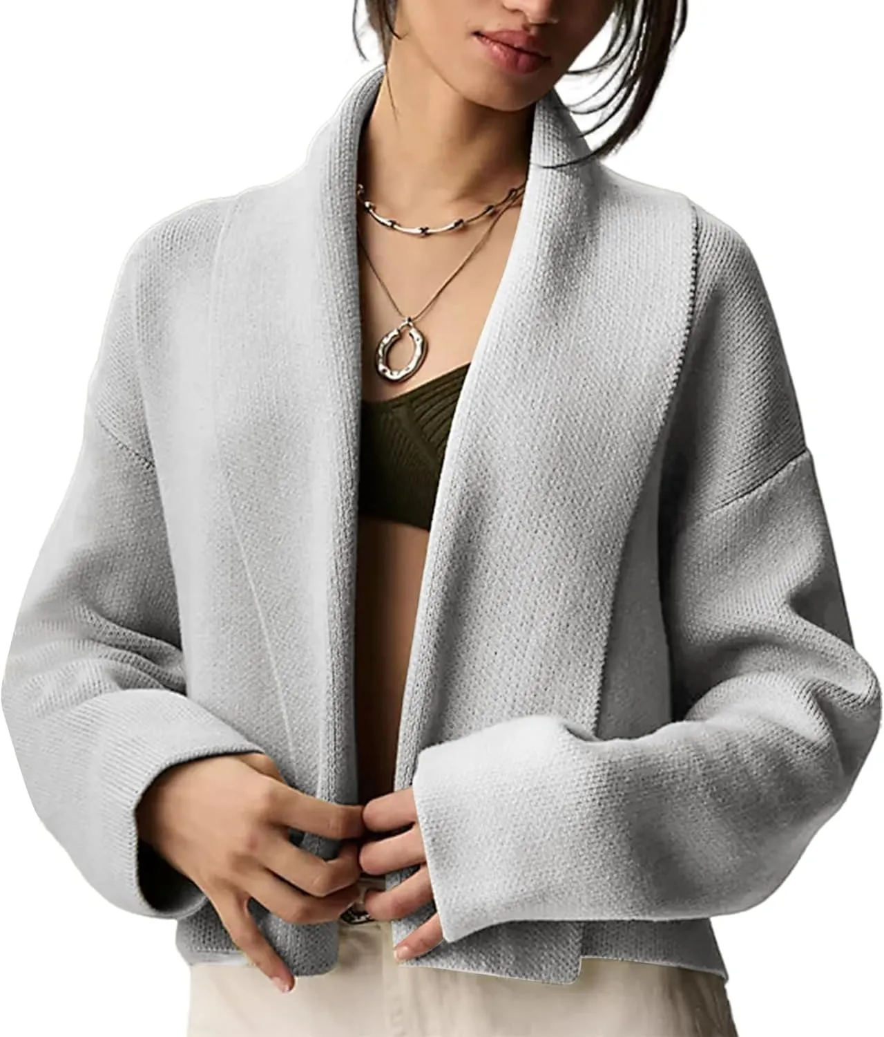 Women's Cropped Cardigan Sweater Lapel Chunky Knit Coats Open Front Casual Oversized Outerwear