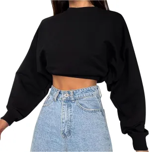 Womens Cute Cropped Hoodies Roundneck Long Sleeve Pullover Sweatshirts for Women Fall Leisure Sweatshirts Sexy Tops