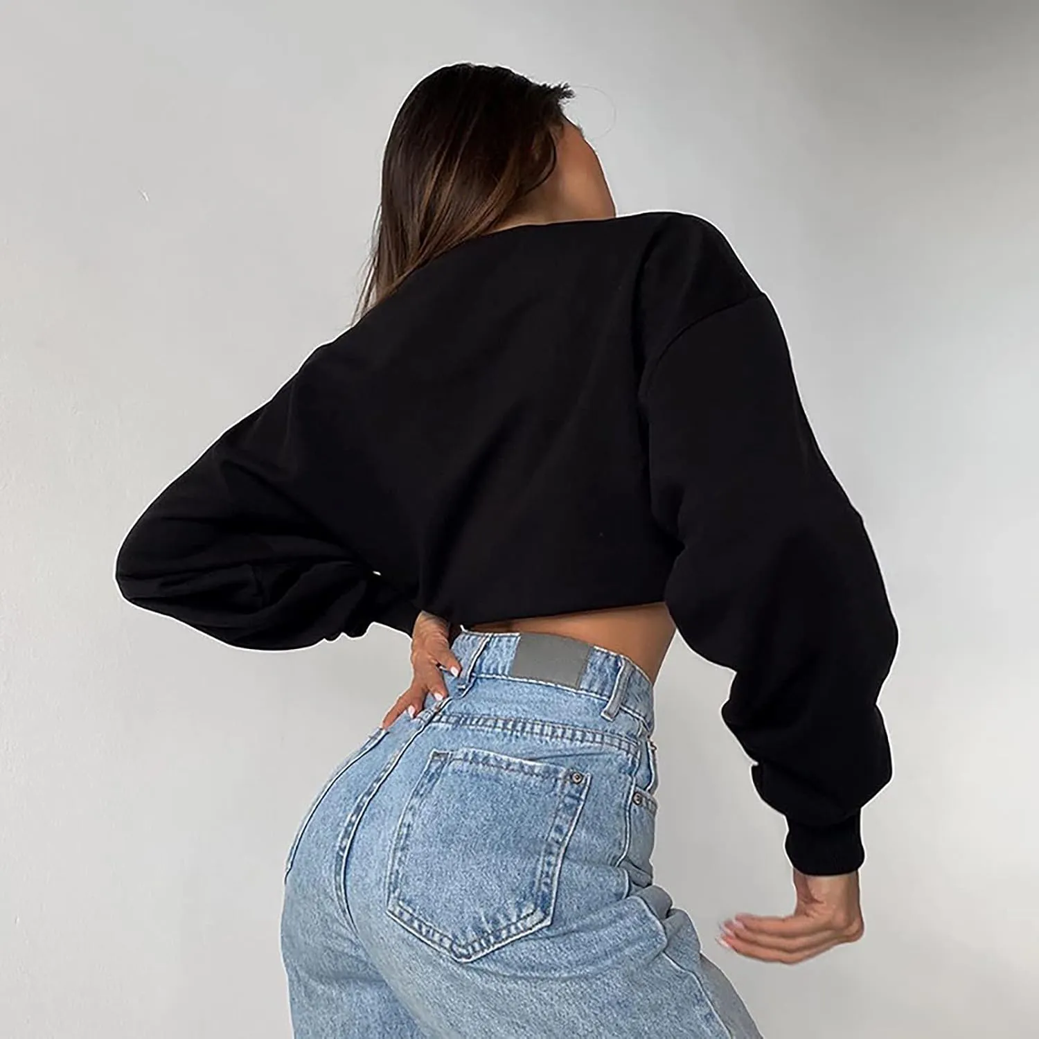 Womens Cute Cropped Hoodies Roundneck Long Sleeve Pullover Sweatshirts for Women Fall Leisure Sweatshirts Sexy Tops