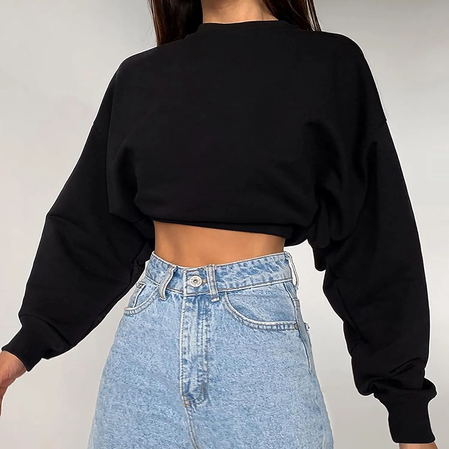 Womens Cute Cropped Hoodies Roundneck Long Sleeve Pullover Sweatshirts for Women Fall Leisure Sweatshirts Sexy Tops