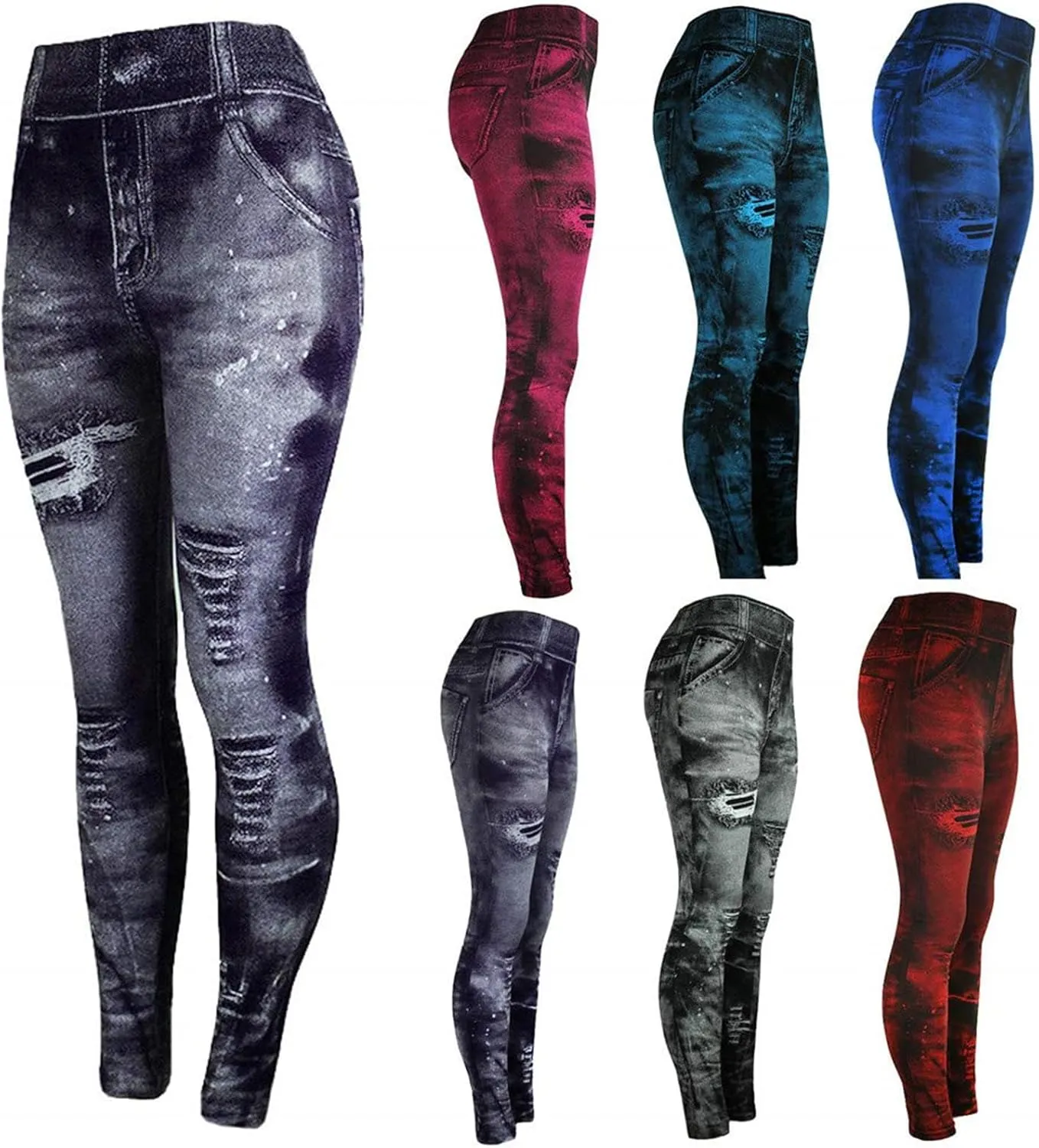 Womens Denim Print Leggings Fake Jeans Seamless High Waist Full Length Ripped Tights Elastic Slim Fit Gym Yoga Pants