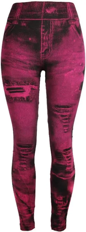Womens Denim Print Leggings Fake Jeans Seamless High Waist Full Length Ripped Tights Elastic Slim Fit Gym Yoga Pants