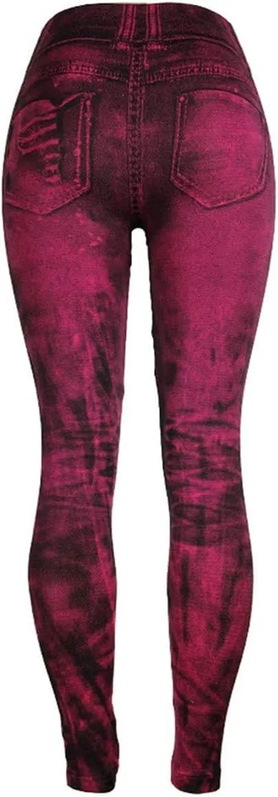 Womens Denim Print Leggings Fake Jeans Seamless High Waist Full Length Ripped Tights Elastic Slim Fit Gym Yoga Pants