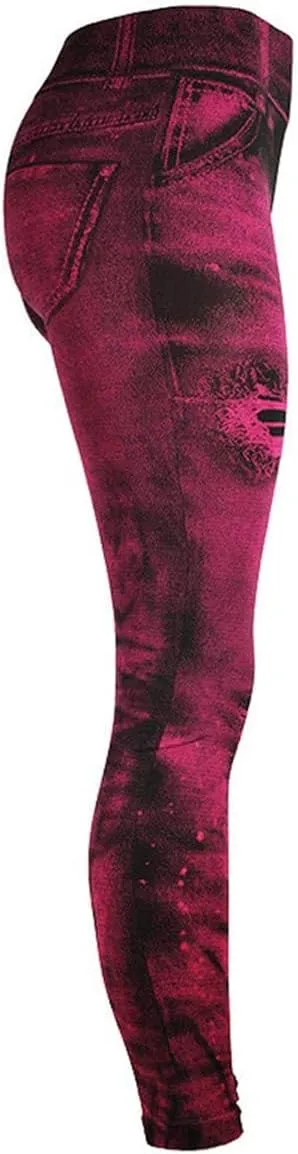 Womens Denim Print Leggings Fake Jeans Seamless High Waist Full Length Ripped Tights Elastic Slim Fit Gym Yoga Pants