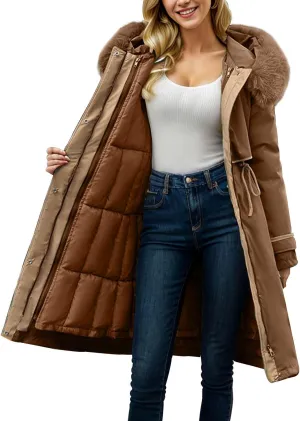 Womens Down Jacket Thickened Knee-Length Padded Quilted Puffer Pockets Winter Coat Outerwear Faux Fur Removable Hood