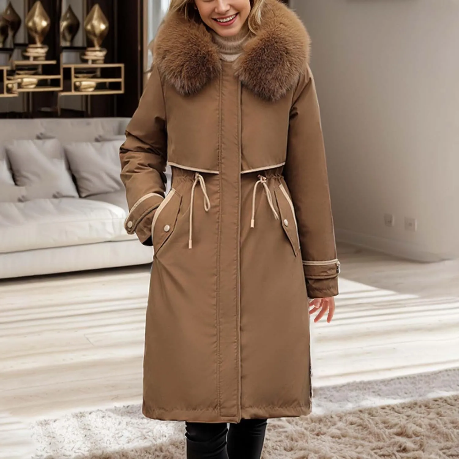 Womens Down Jacket Thickened Knee-Length Padded Quilted Puffer Pockets Winter Coat Outerwear Faux Fur Removable Hood