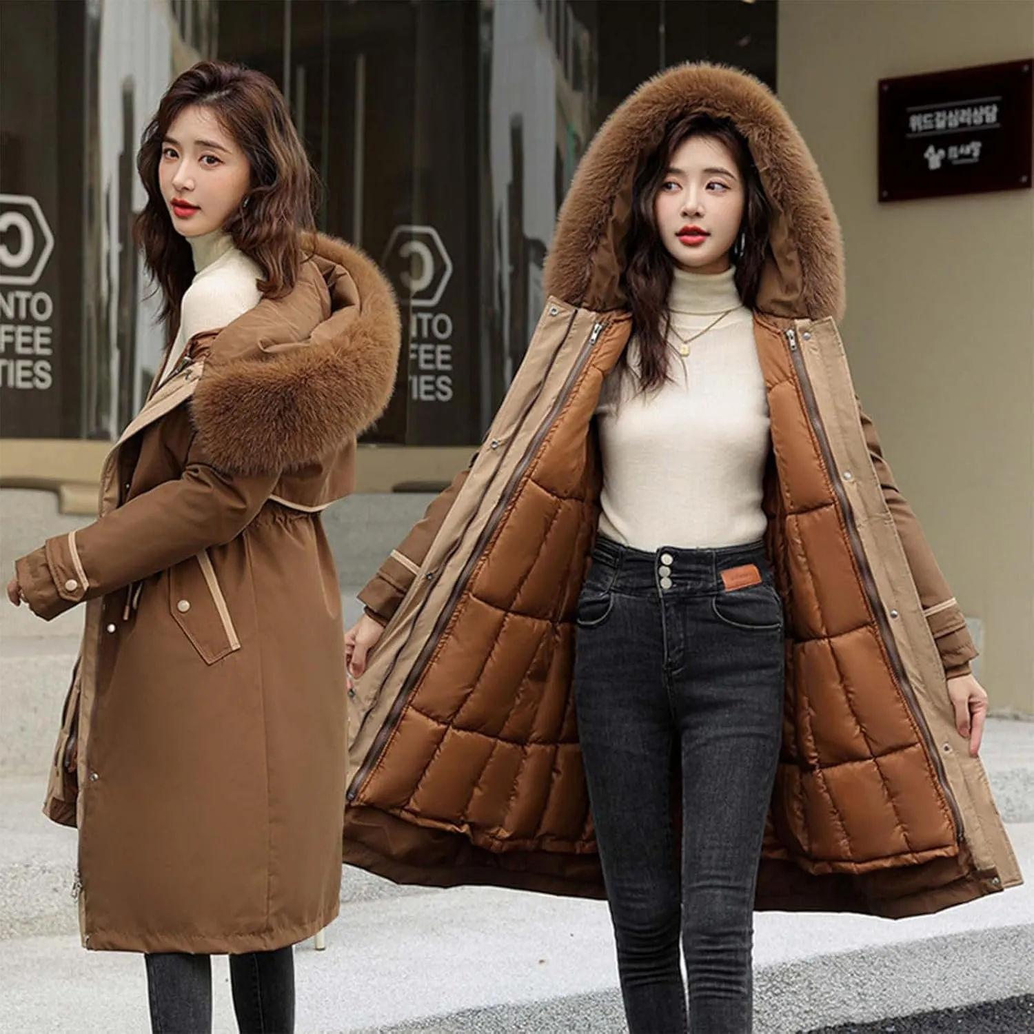 Womens Down Jacket Thickened Knee-Length Padded Quilted Puffer Pockets Winter Coat Outerwear Faux Fur Removable Hood