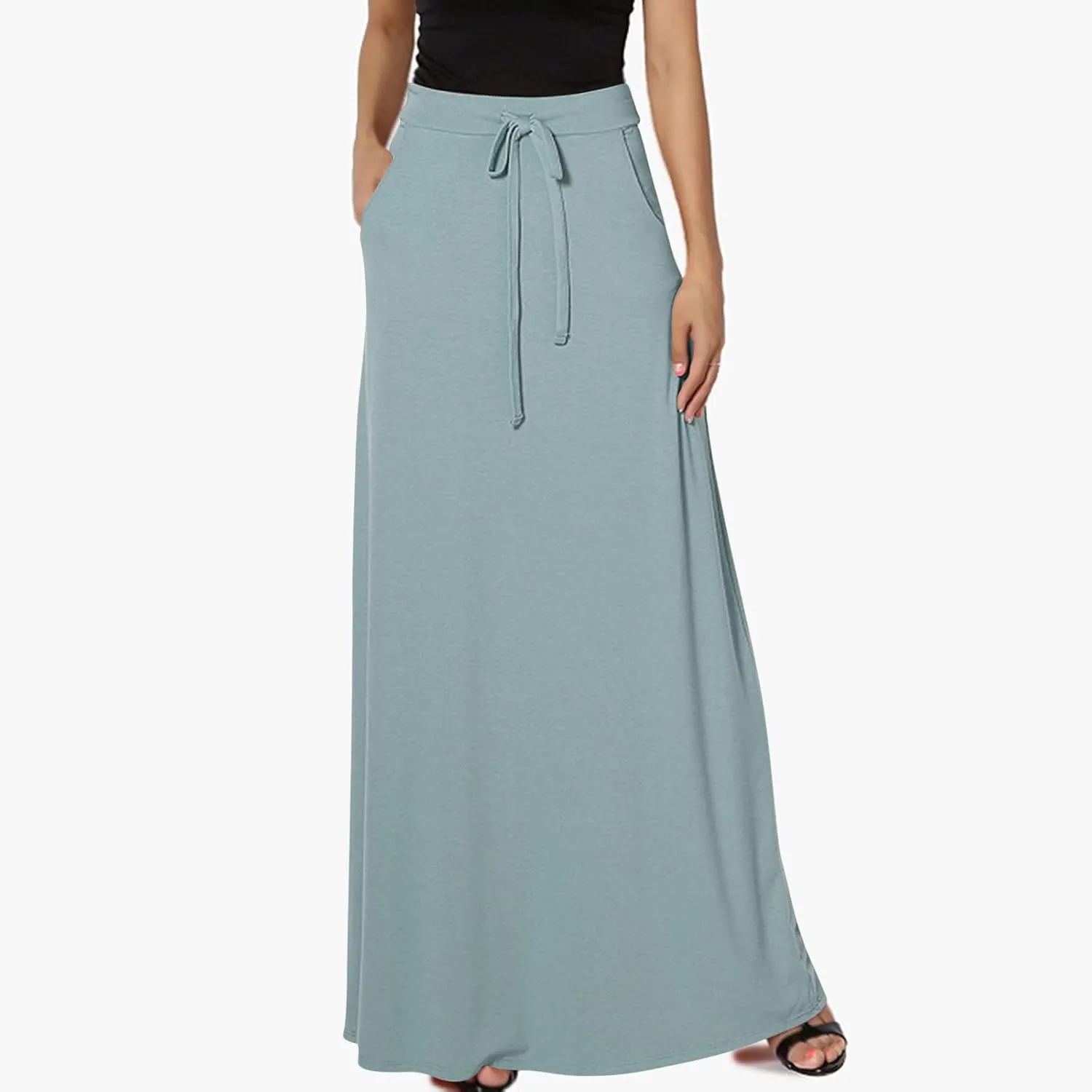 Women's Drawstring High Waist Maxi Skirts with Pockets Dressy Solid A Line Long Skirts Casual Slim Fit Pencil Skirt