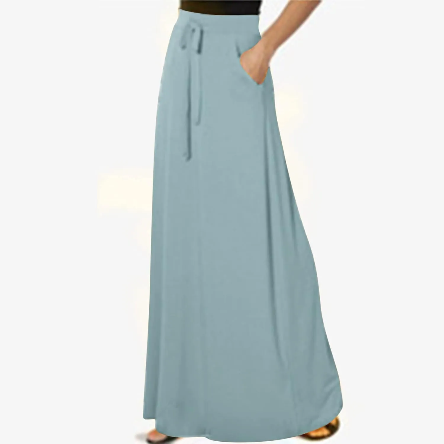Women's Drawstring High Waist Maxi Skirts with Pockets Dressy Solid A Line Long Skirts Casual Slim Fit Pencil Skirt