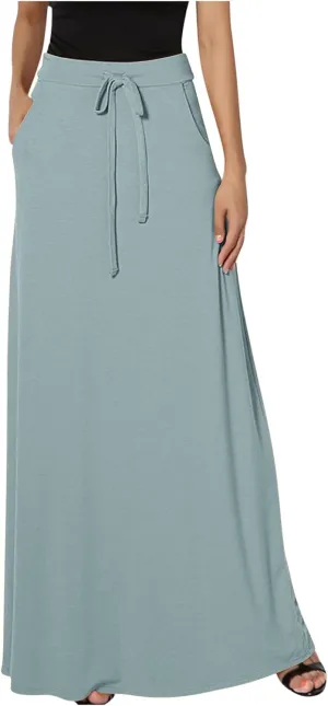 Women's Drawstring High Waist Maxi Skirts with Pockets Dressy Solid A Line Long Skirts Casual Slim Fit Pencil Skirt