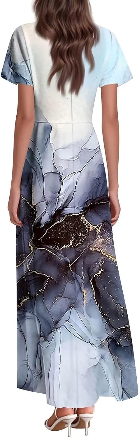 Womens Dresses Summer 2025 Fashion Midi Dress Floral Sleeve V Neck Long Flowy Boho Casual Beach Vacation Dress