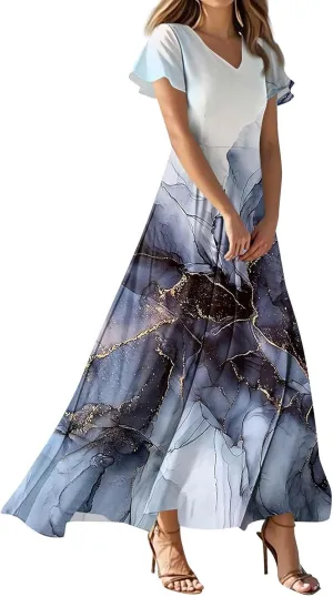 Womens Dresses Summer 2025 Fashion Midi Dress Floral Sleeve V Neck Long Flowy Boho Casual Beach Vacation Dress