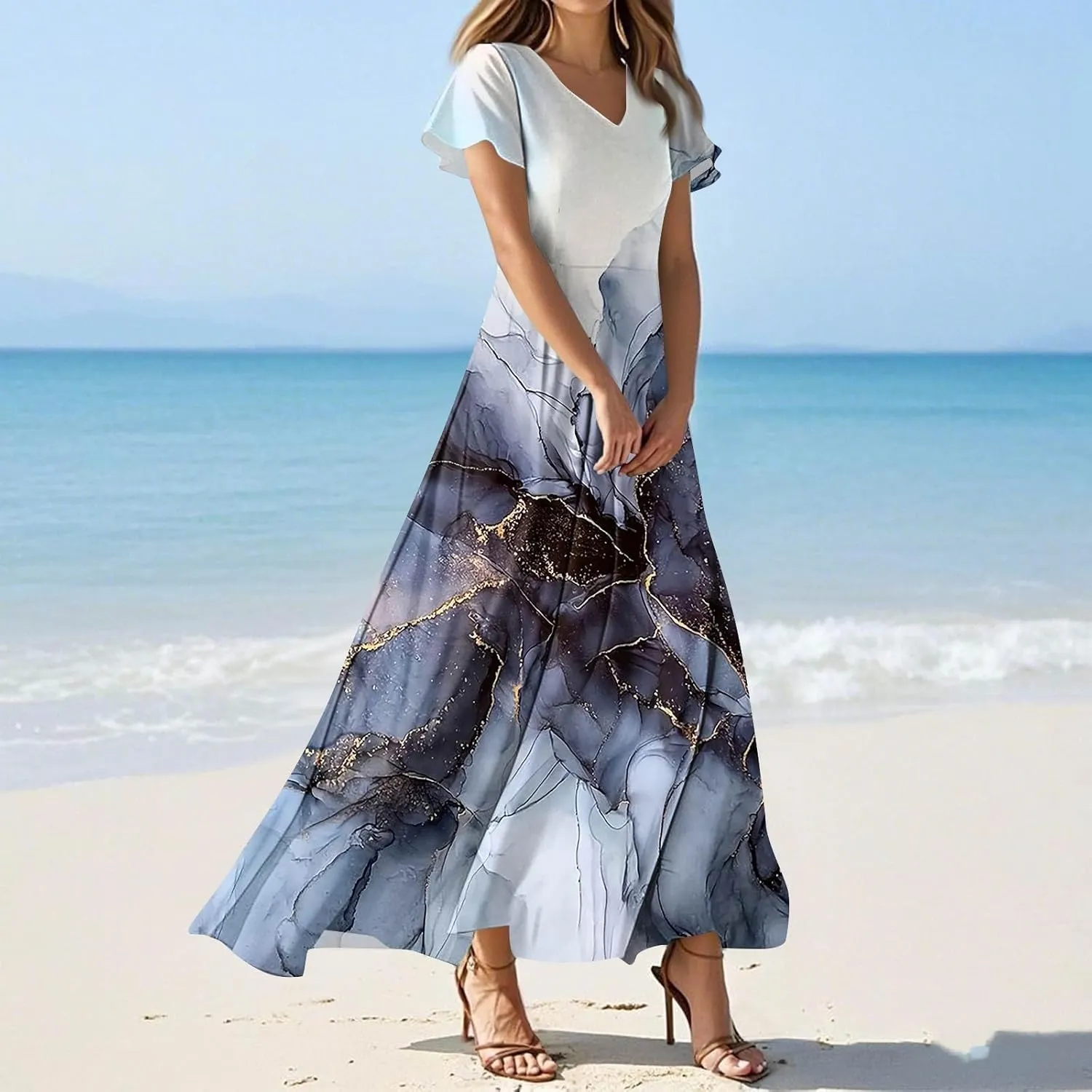Womens Dresses Summer 2025 Fashion Midi Dress Floral Sleeve V Neck Long Flowy Boho Casual Beach Vacation Dress