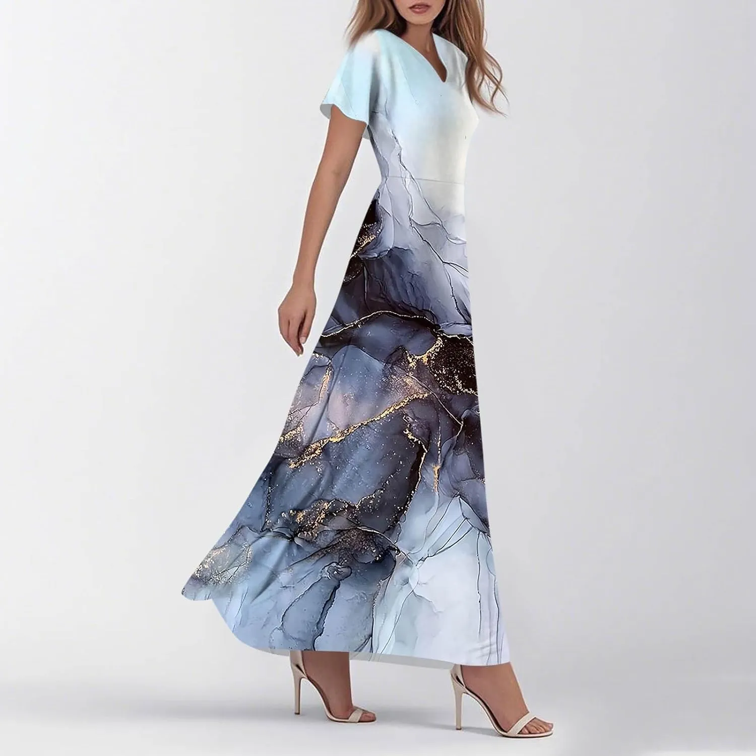 Womens Dresses Summer 2025 Fashion Midi Dress Floral Sleeve V Neck Long Flowy Boho Casual Beach Vacation Dress