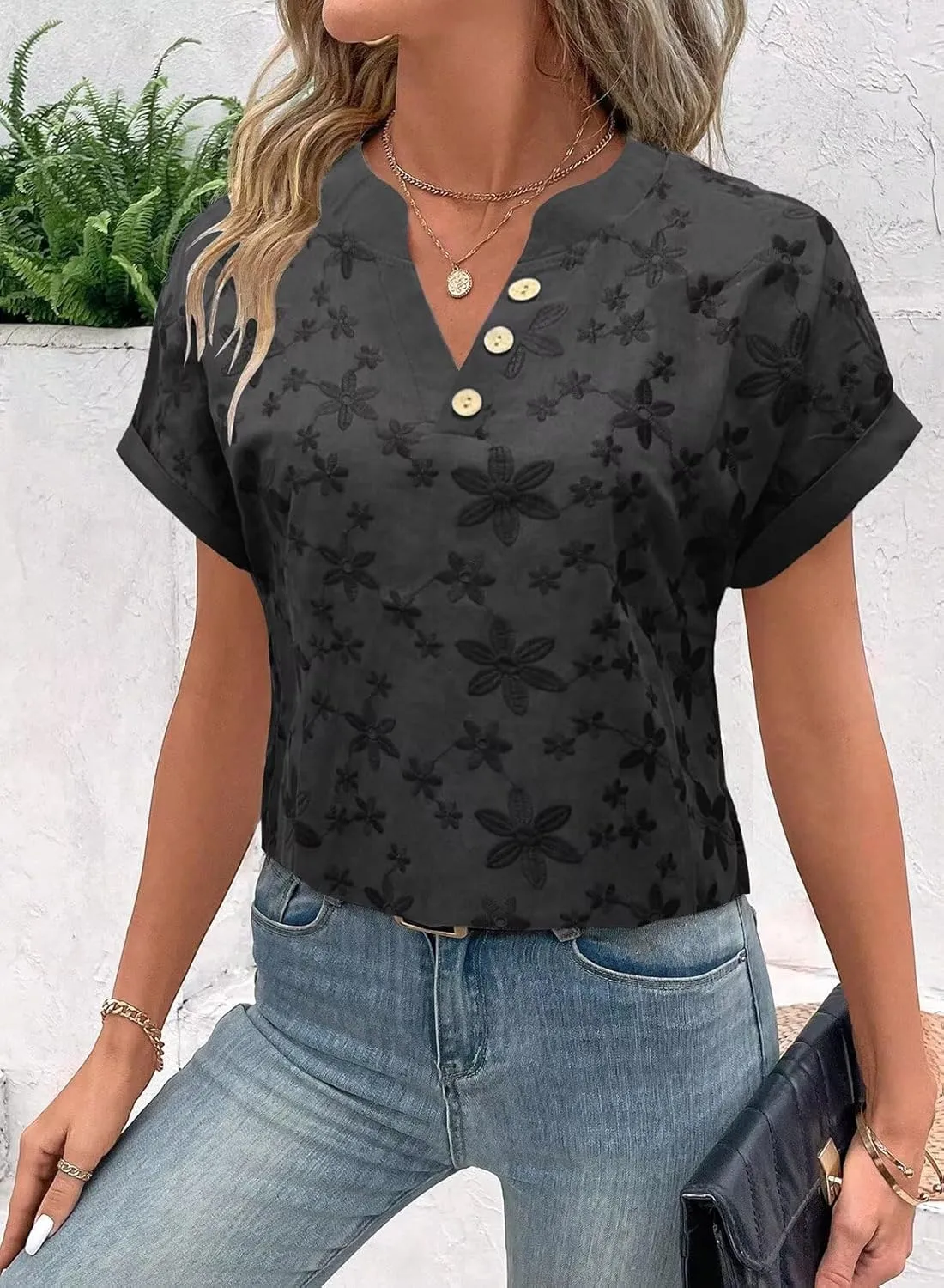 Women's Dressy Casual Tops Floral Embroidery Business Work Blouses Short Sleeve V Neck Tshirt