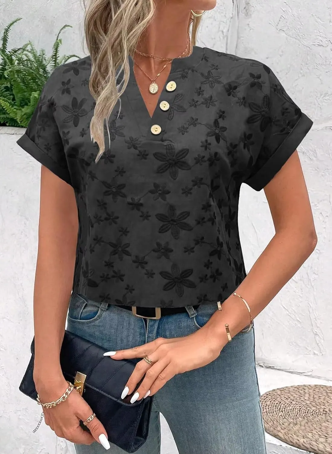Women's Dressy Casual Tops Floral Embroidery Business Work Blouses Short Sleeve V Neck Tshirt